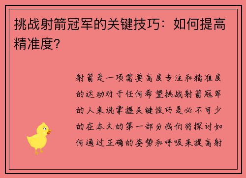 挑战射箭冠军的关键技巧：如何提高精准度？